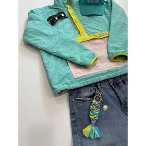 Chubbies Pullover Reversible Windbreaker Jacket Teal Pink Yellow Geometric Print